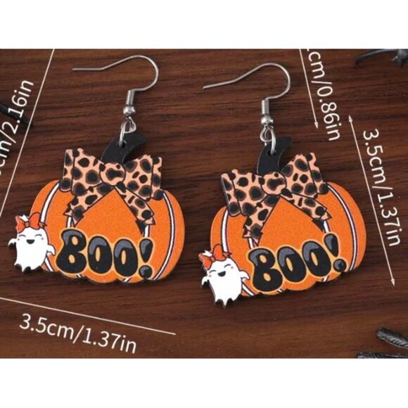 Halloween Pumpkin & Ghost Earrings With Leopard Bow NEW - Picture 2 of 2